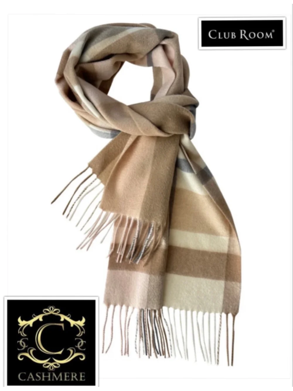 Luxury Heritage 100% Cashmere Minimalist Tartan Plaid Scarf by Club Room
